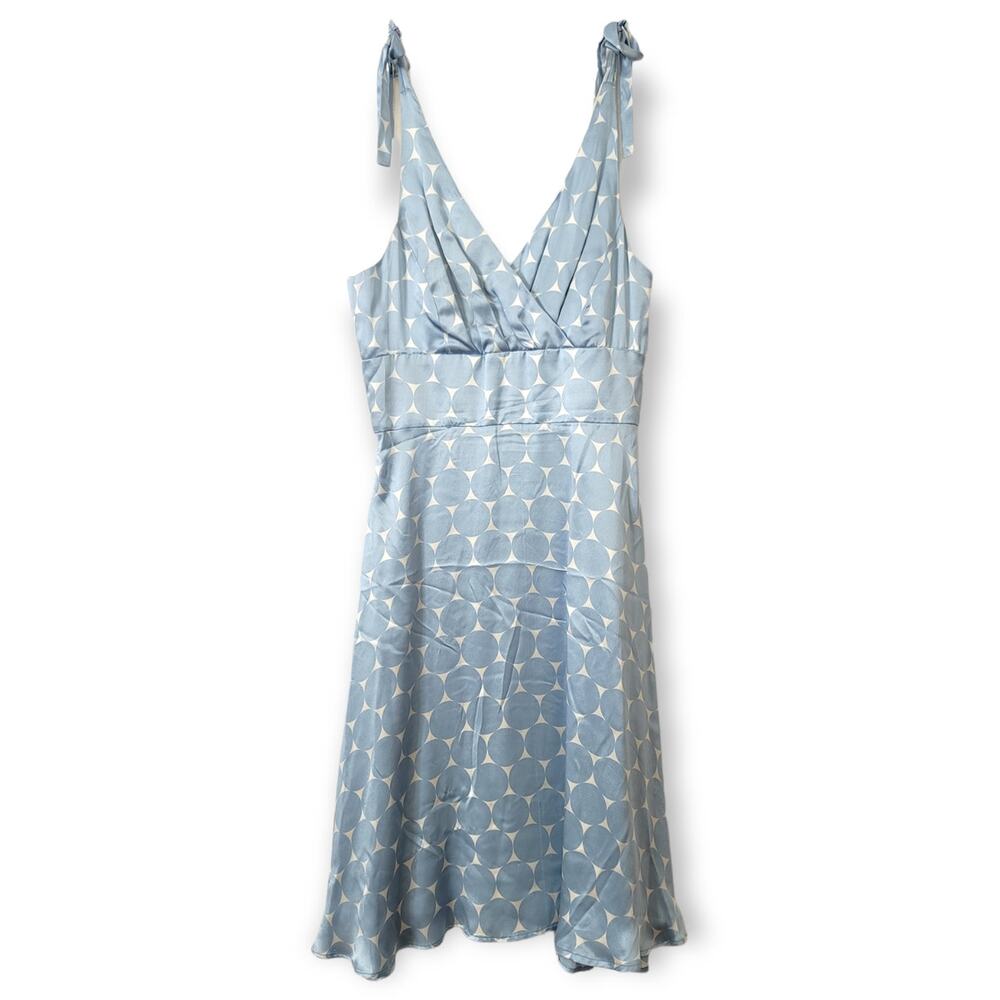 Jennifer Reale Design SILK Blue Polka Dot Shoulder Tie Midi Dress Size 8